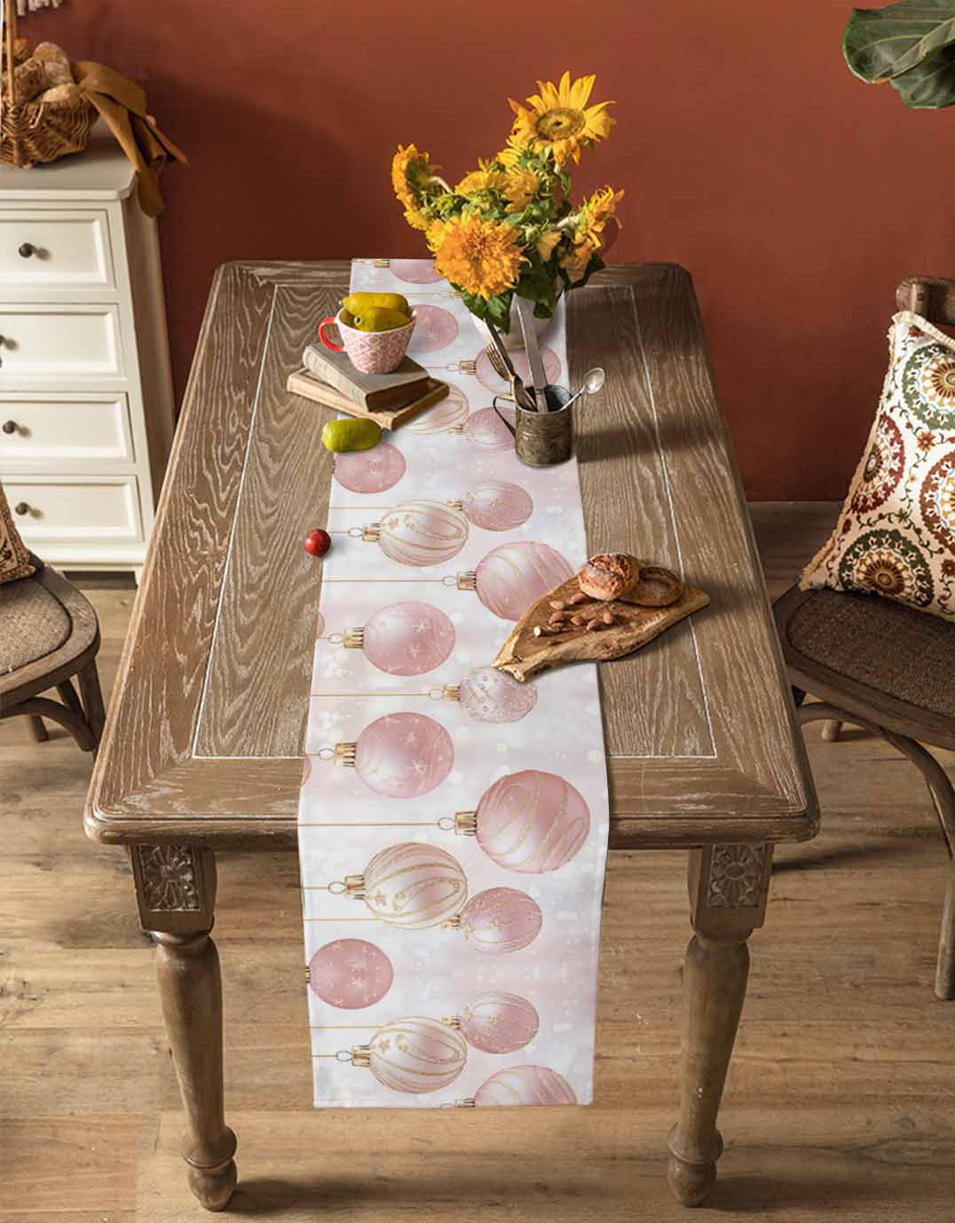 Ldtrchee Pink Christmas Table Runner 108 Inches, Christmas Balls Snowflake Bed Runner Dresser Scarves Tabletop for Indoor Outdoor Parties/Ceremony/Banquet, 13"x 108"