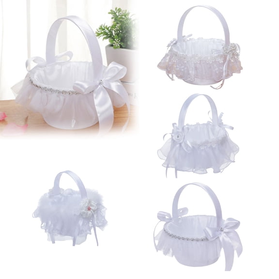 EaseDay Flower Girl Basket for Wedding Ceremony, Elegant White Satin Flower Basket with Cute Handle Bowknot, Wedding Accessories for Flower Girls, 1 Pack