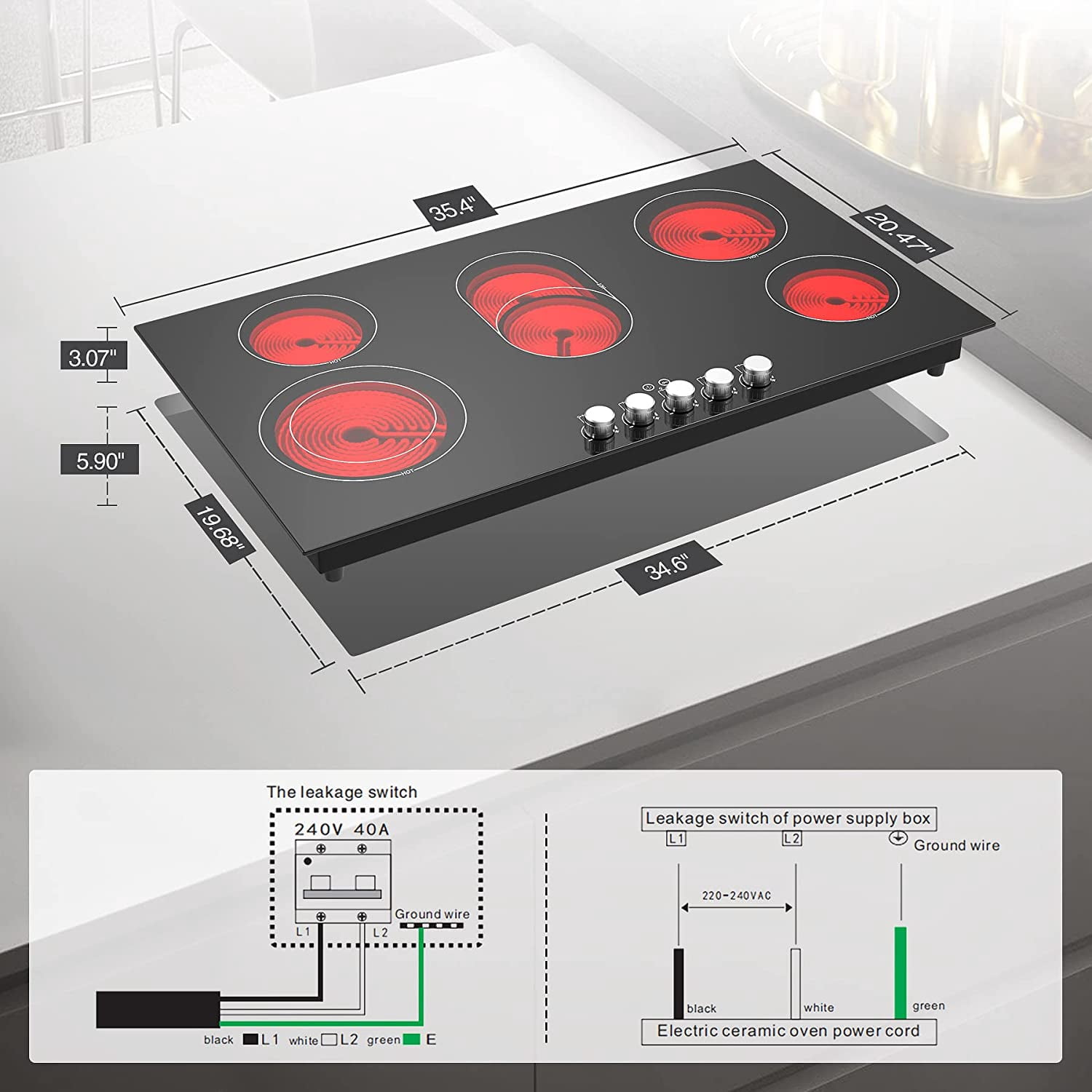 VBGK Electric Cooktop 36 inch 5 Burner Infrared Cooktop, Electric Stovetop 8600W Built-in Hot Plate for Cooking,99 Minutes Timer Electric Ceramic Cooktop 220v without Plug Compatible with All Cookware