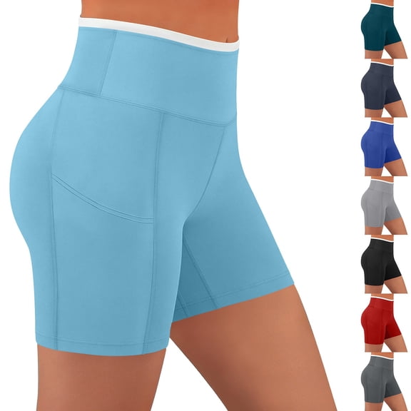Frostluinai High Waist Yoga Shorts for Women's Tummy Control Fitness Athletic Workout Running Shorts with Deep Pockets Light Blue S