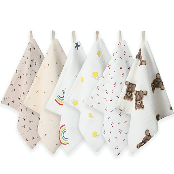 AUQ Muslin Squares Baby Muslin Cloths-Washcloths Baby Face Towel 100% Cotton 6 Pack 4 Layers Super Soft And Absorbent Newborn Essentials Unisex (25*25Cm-4Layers-Pack of 6)