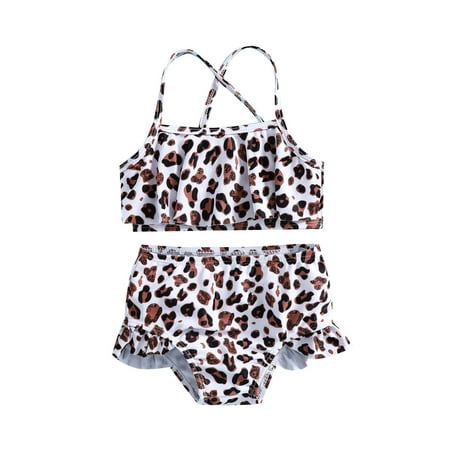 

ZCFZJW Toddler Baby Girls Summer Swimsuit Leopard Print Swimwear Two-Piece Suit with Ruffle Bottomes Beach Bikini Suits for Toddler Kids White 3-4Years