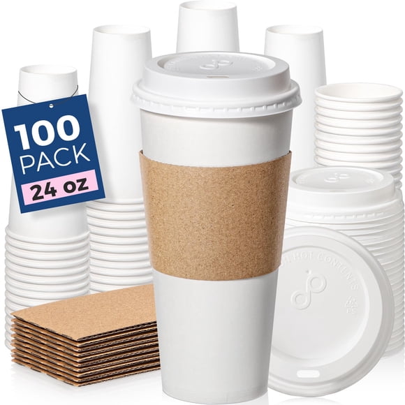 Fit Meal Prep 100 Pack 24 oz Disposable Coffee Cups with Lids, Sleeves, Leak-Proof To Go Coffee Cups, Durable Paper for Home, Office, Party