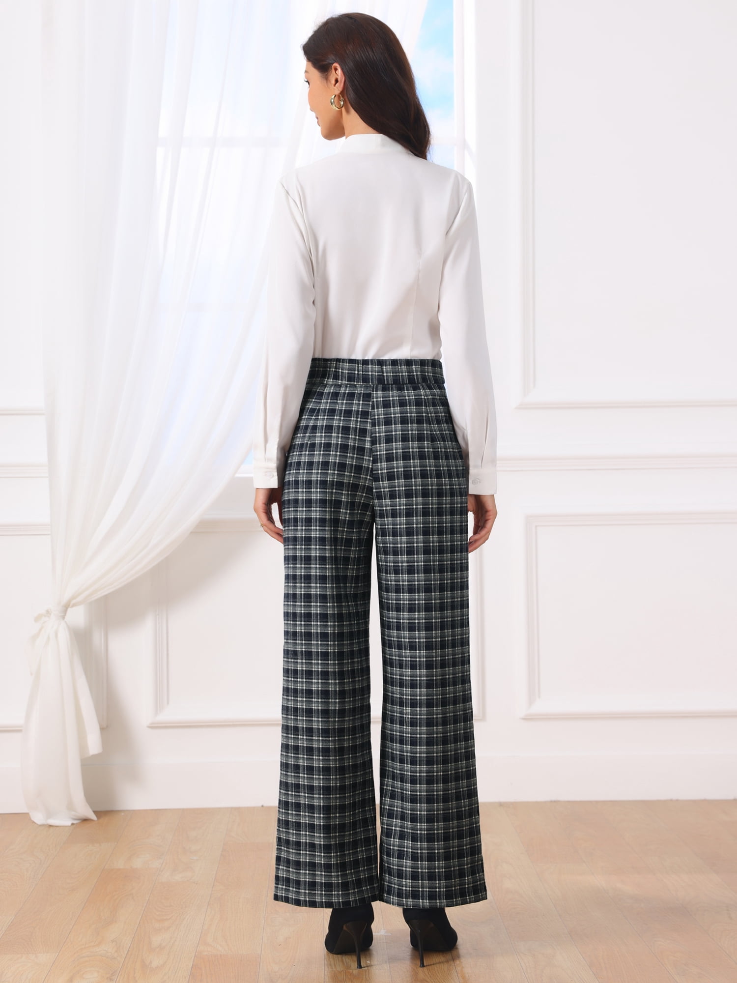 DARING DIVA Women's Plaid Vintage Wide Leg Trousers for Work Small Dark Blue