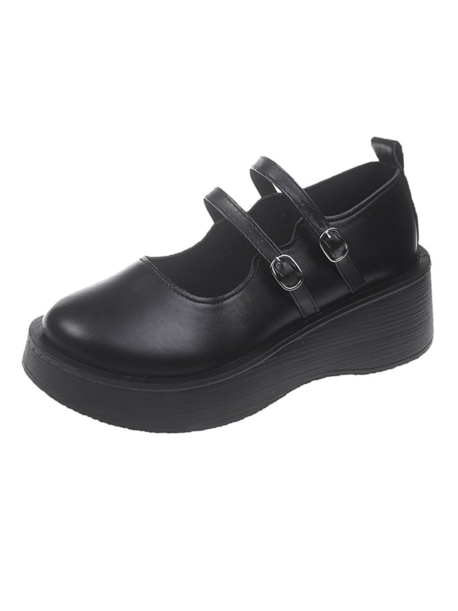 Lacyhop Womens Leather Shoes Ankle Strap Mary Jane Platform Flats Uniform  Lightweight Lolita Shoe Fashion Comfort Pumps Black, Two-Strap  -  