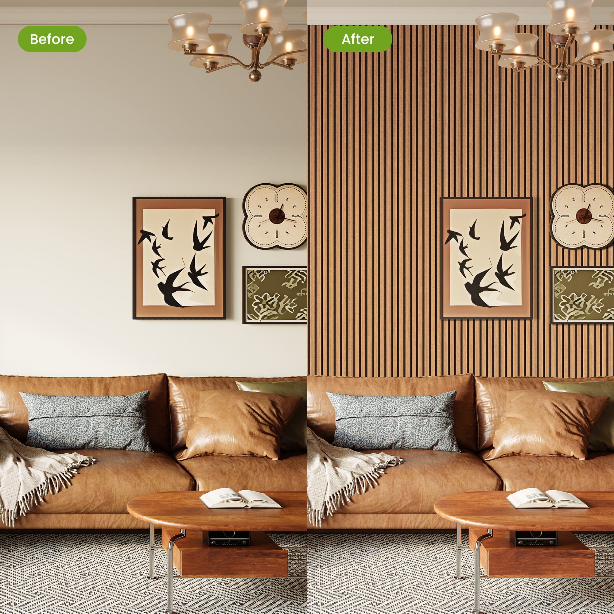 Easy4Home 2Pcs 94.5"x23.6" Wood Slat Acoustic Wall Panels, 3D Fluted Soundproof Decorative Panels for Interior Walls, Light Brown