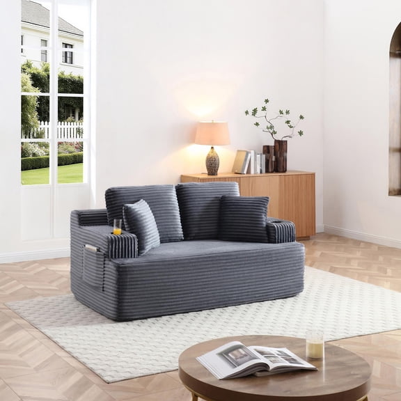 Boneless Loveseat, 2-Seater Floor Couch with Cup Holders and Side Pockets, Corduroy Fabric No Assembly Sofa for Small Space or Apartment, 66.5 Inch, Grey