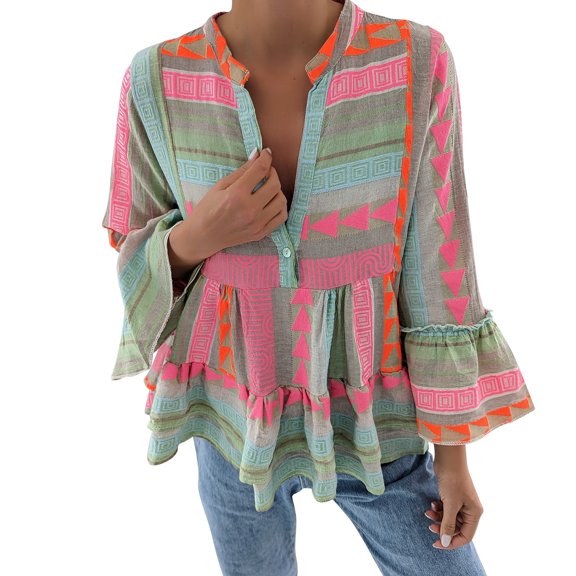 Button Up Shirt Women Casual Printed V Neck Button Sleeve 3/4 Sleeve Blouse Summer Tops