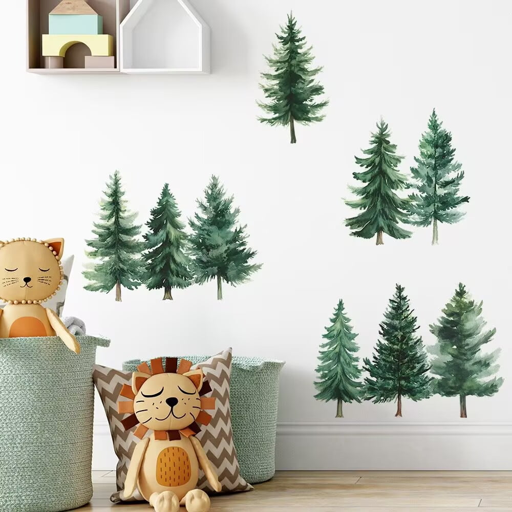 Watercolor Pine Tree Wall Decals Green Pine Tree Wall Sticker Large Tree Wall Decals Nature Woodland Forest Tree Wall Stickers for Nursery Bedroom Living Room Decor Peel and Stick