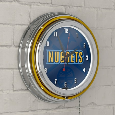 Denver Nuggets NBA Fade Chrome Double Ring Neon Clock - Dark Blue, Yellow