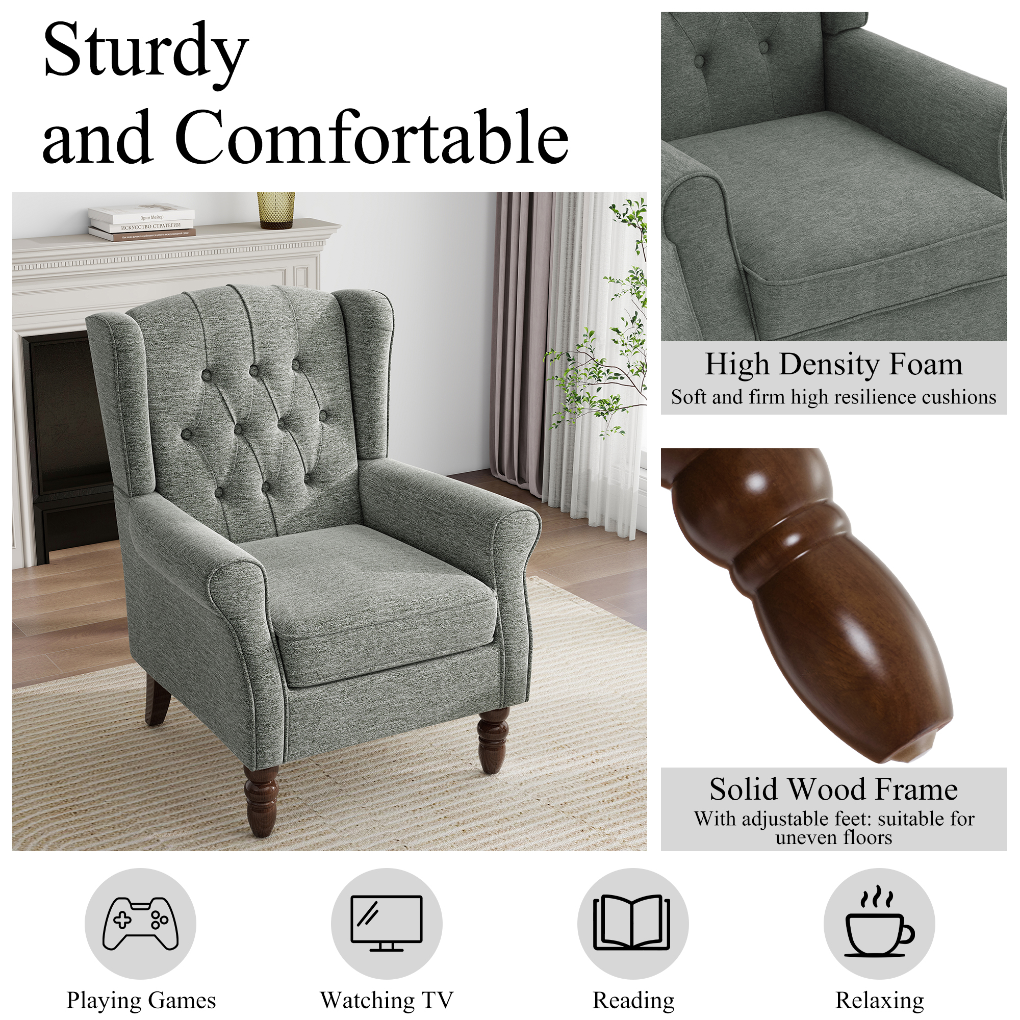 UIXE High Back Wingback Accent Chair, Gray Tufted photo 3