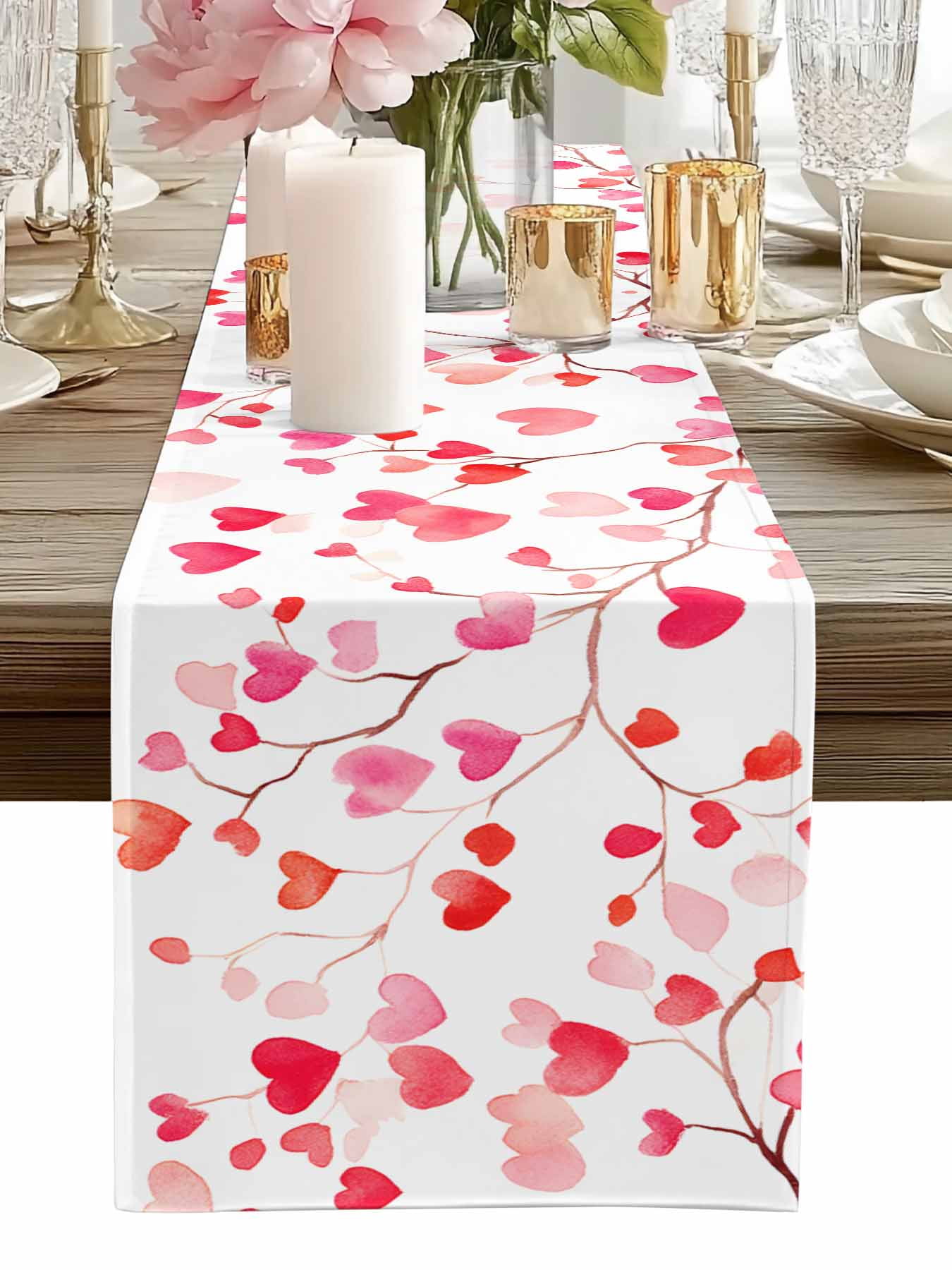 Valentine's Day Table Runner, Romantic Watercolor Red Gradient Love Heart Tree Washable Cotton-linen Table Runners Dining Kitchen Decoration for Everyday Home Wedding Party Decor, 13 x 108 Inch