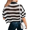 thumbnail image 3 of Short Sleeve Women Stripe Print Casual Button Down Crochet Cardigan Hollow Tops, 3 of 6