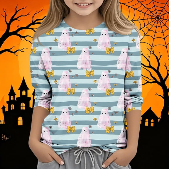 Xdegoge Girls Halloween Shirts Print Long Sleeve Watercolor Graphic Tees Crewneck Fall Casual Pullover Holiday Festival Clothes