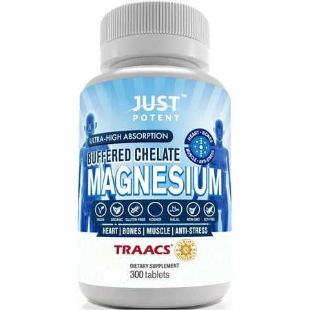 Just Potent Ultra-High Absorption Magnesium Chelate | 100mg Tablets | 300 Tablets | Heart, Bones, Muscle, and Anti-Stress Supplement | Organic, Vegan, and Gluten
