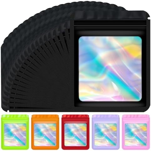 100 pcs Holographic Bags Mylar Resealable Bags for Small Business Sealable Packaging Bag for Candy Food Storage Sample Bracelet Product Freshie Supplies Gifts Smell Proof Bag 3×3 Inch, Black