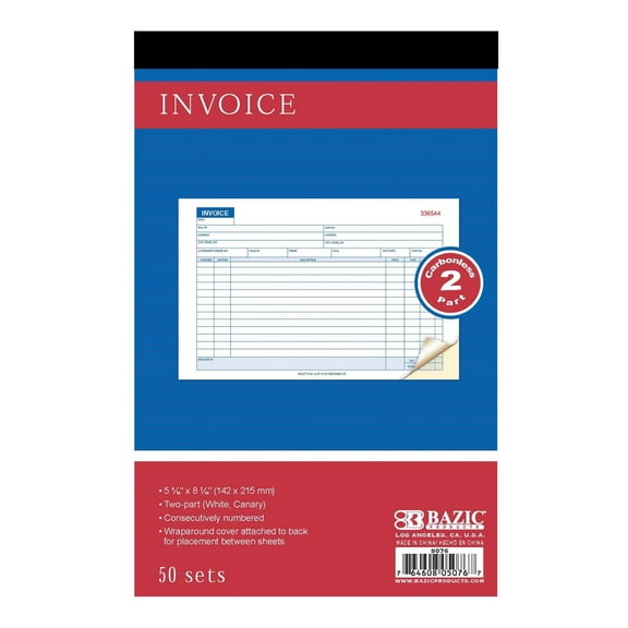 BAZIC Invoice Book, 50 Sets 5 9/16"x8 7/16" 2-Part Carbonless, 24-Packs