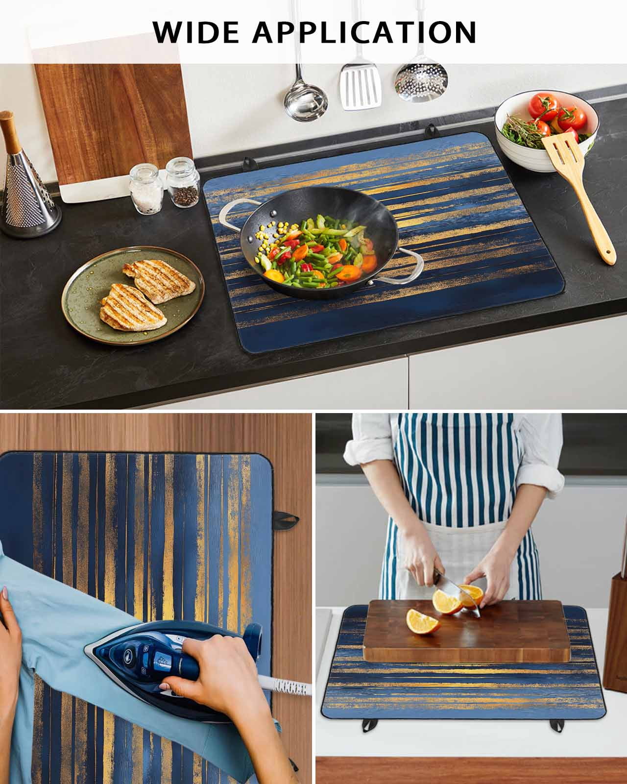nqOlkjepod Large Induction Cooktop Protector Mat 24"x21", Summer Blue Gold Stove Top Covers for Electric Stove, Modern Coastal Ocean Wave Decorative Stove Burner Cover Mats, Glass Top Stove Cover