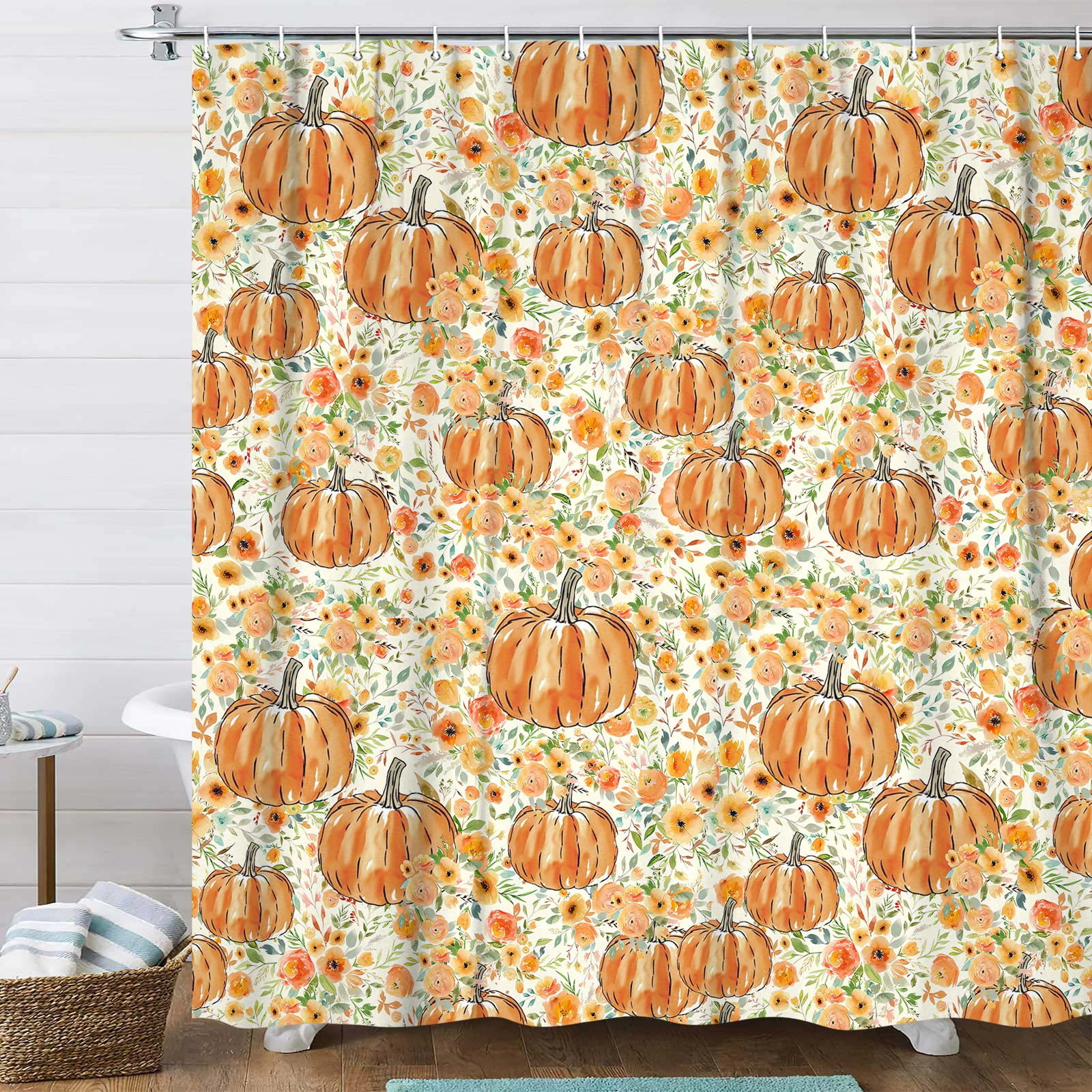 Fall Thanksgiving Shower Curtain,Pumpkin Floral Bathroom Curtains,Autumn Polyester Fabric Bathroom Accessories Festival Holiday Decor with Hooks,69X70 in