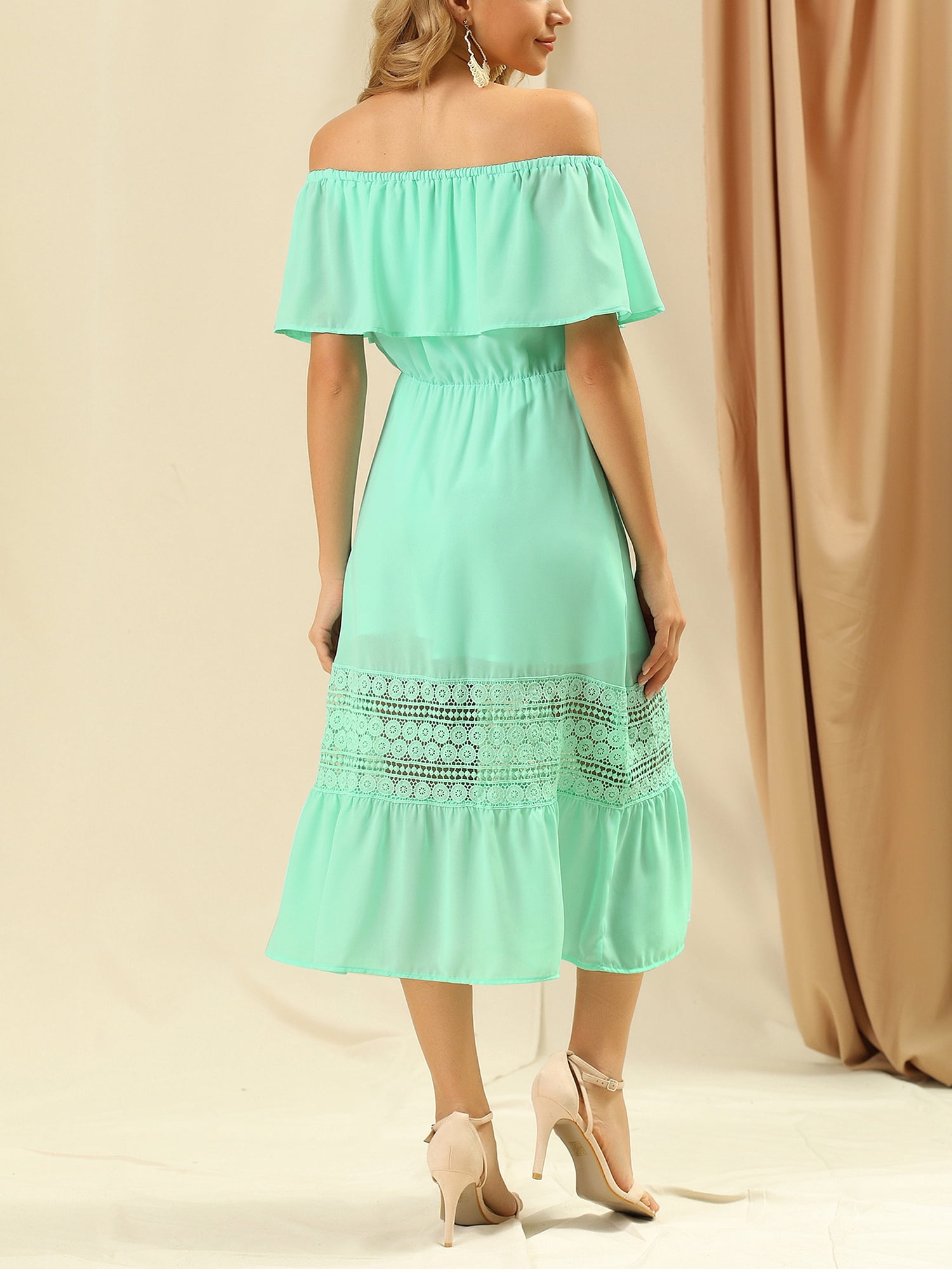 DARING DIVA Women's Off Shoulder Flutter Sleeve Maxi Dress L Mint Green
