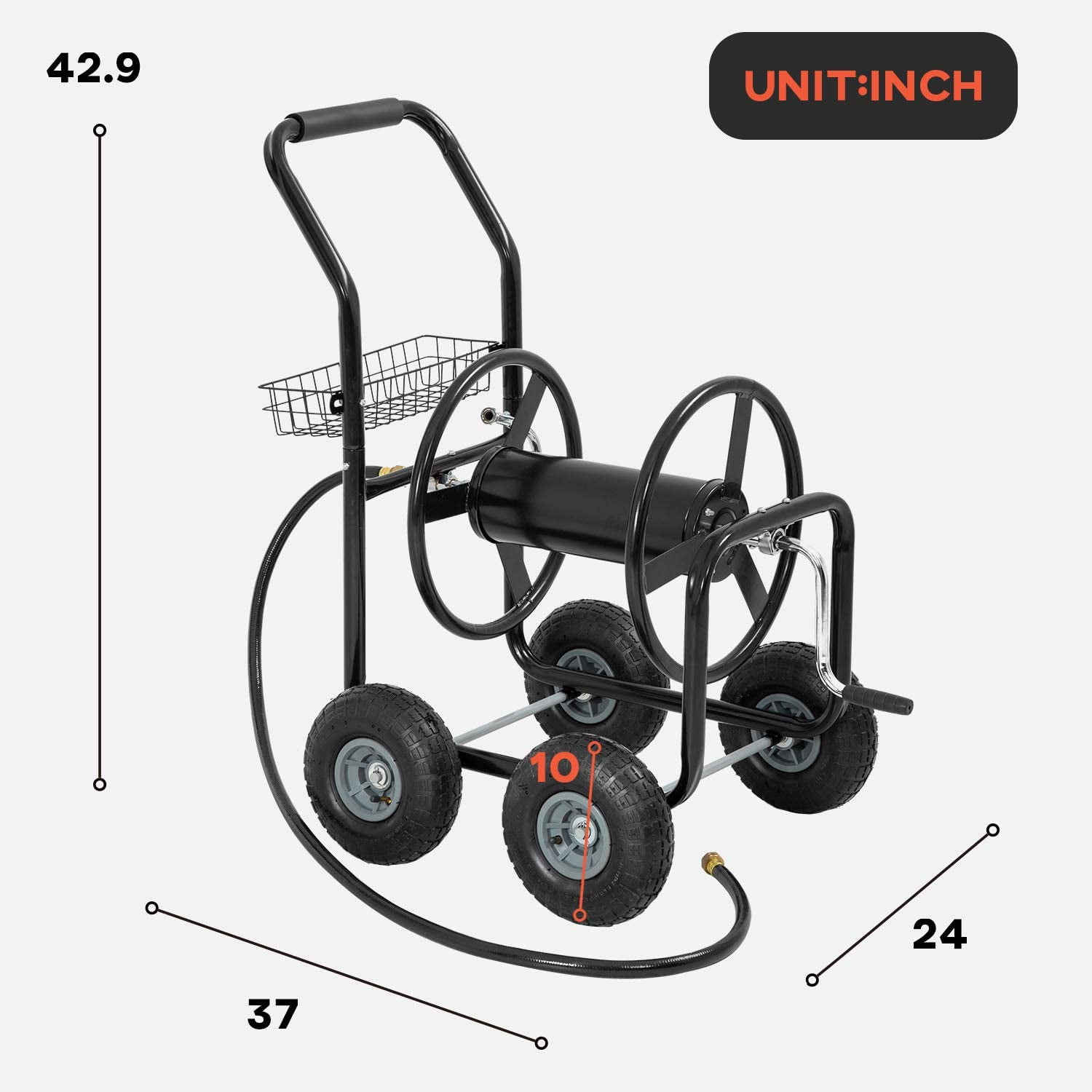 FDW Garden Hose Reel Cart, Water Hose Cart with 4 Wheels, Hold Up to 300 ft of 5/8’’ Hose,Black