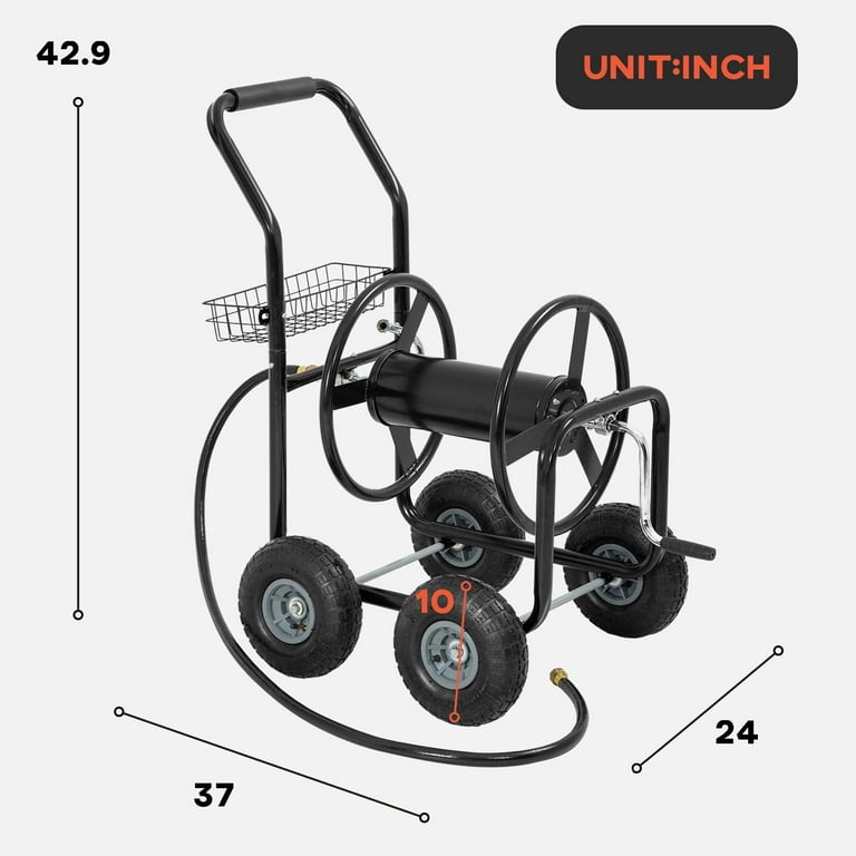 Garden Hose Reel Cart with Wheels Garden Lawn Water Truck Water Planting  Cart Heavy Duty Outdoor Yard Water Planting Holds 300-Feet of 5/8-Inch Hose  with Storage Basket, Black 