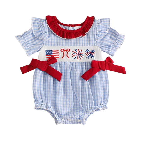 Karoyedx Baby 4th of July Clothing Baby Girl 4th Of July Outfit American Flag Embroidery Sleeveless Knit Romper Bodysuit Infant Patriotic Clothes Sky Blue Size,0-3 Months