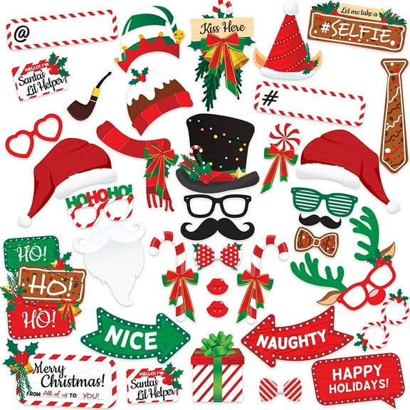 Jia Store 38-Piece Christmas Photo Booth Prop Kit, Fun DIY Holiday Photobooth Props with Signs for Parties, Gifts for Adults & Kids