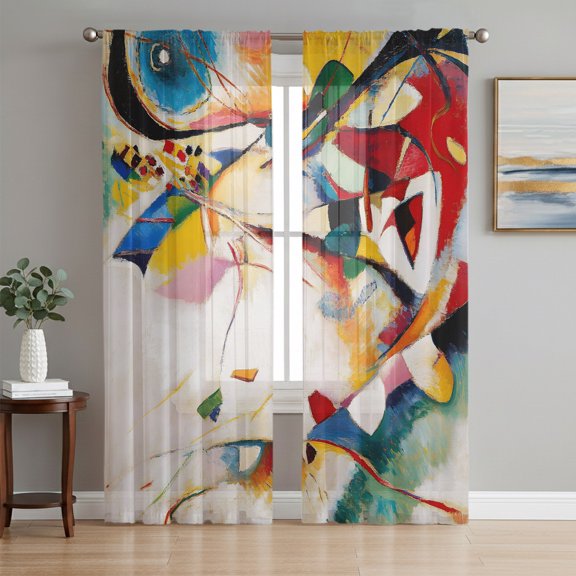 Beige Yellow Red Geometric Sheer Curtains 96 Inch Length 2 Panels Set, Modern Abstract Art Voile Window Treatment Semi Sheer Long Curtains Drapes for Bedroom/Living Room/Kitchen 52"x96"x2