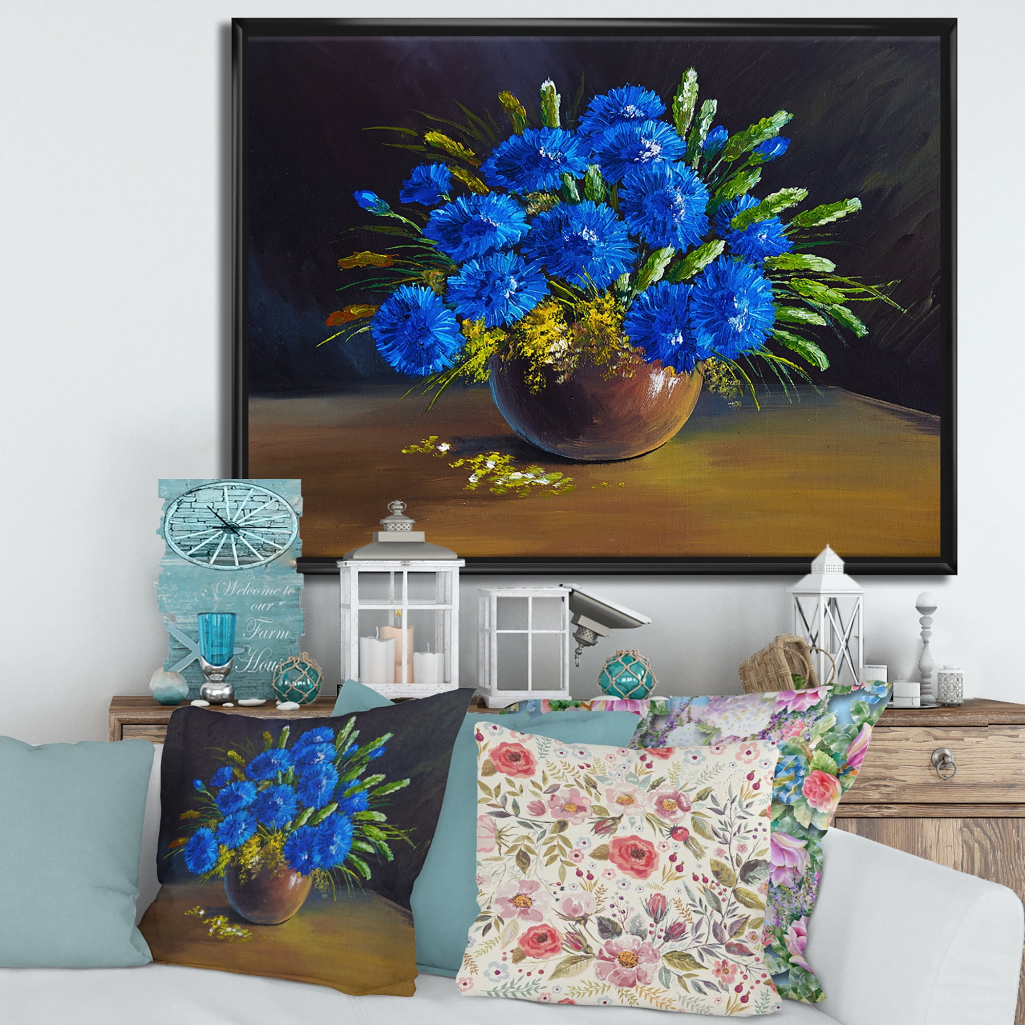 Designart 'Still Life A Bouquet Of Blue Wildflowers In Vase' Traditional Framed Canvas Wall Art Print