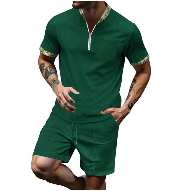 Npasoilc Ensembles pour Hommes Mode Décontractée Manches Courtes Col Rabattu Pantalon Ensemble Deux Pièces Taille Élastique
