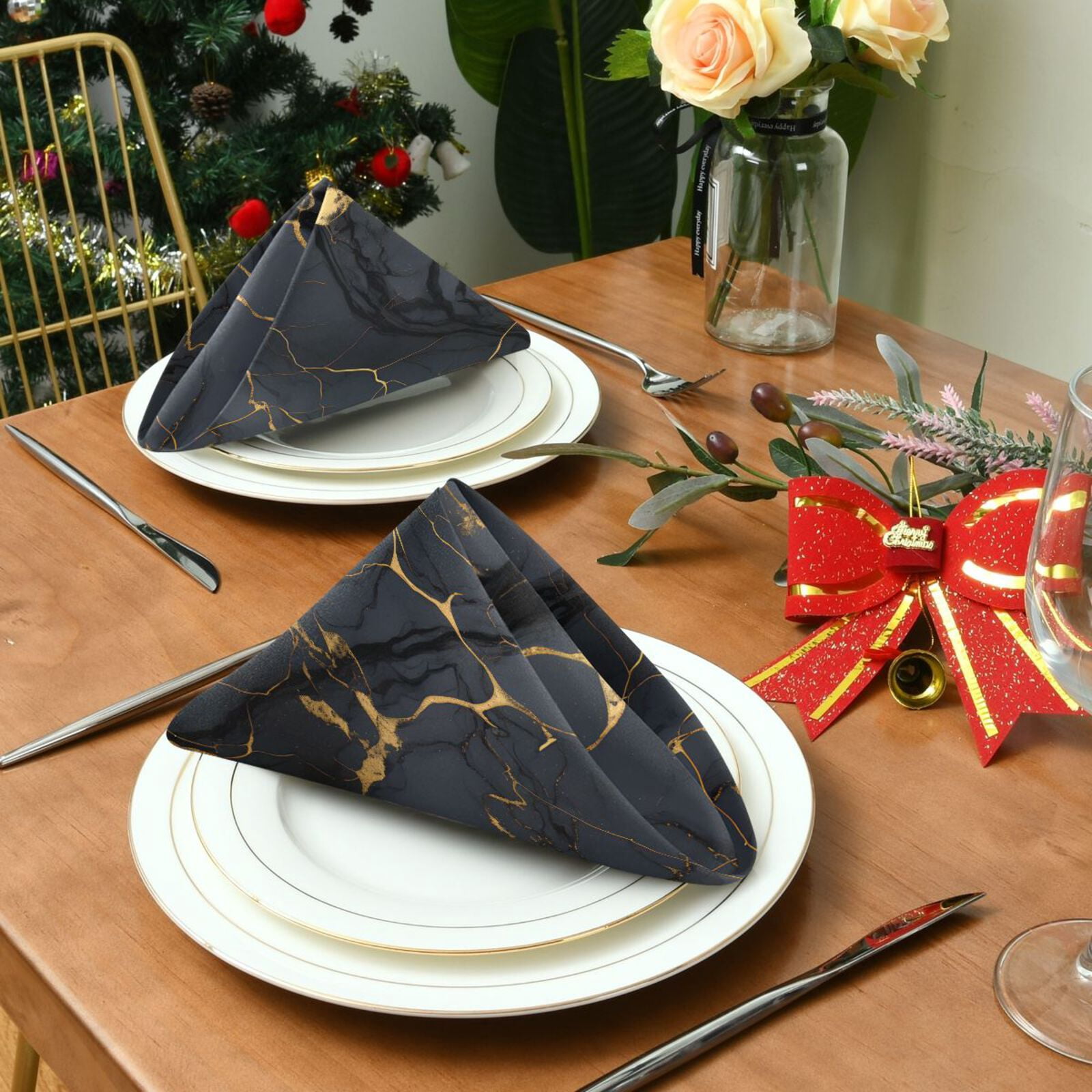 JSTEL Black & Gold Marble Cloth Napkins Set of 6, 20x20 Inch Washable and Reusable Napkin for Decoupage Dinner Party Everyday Use