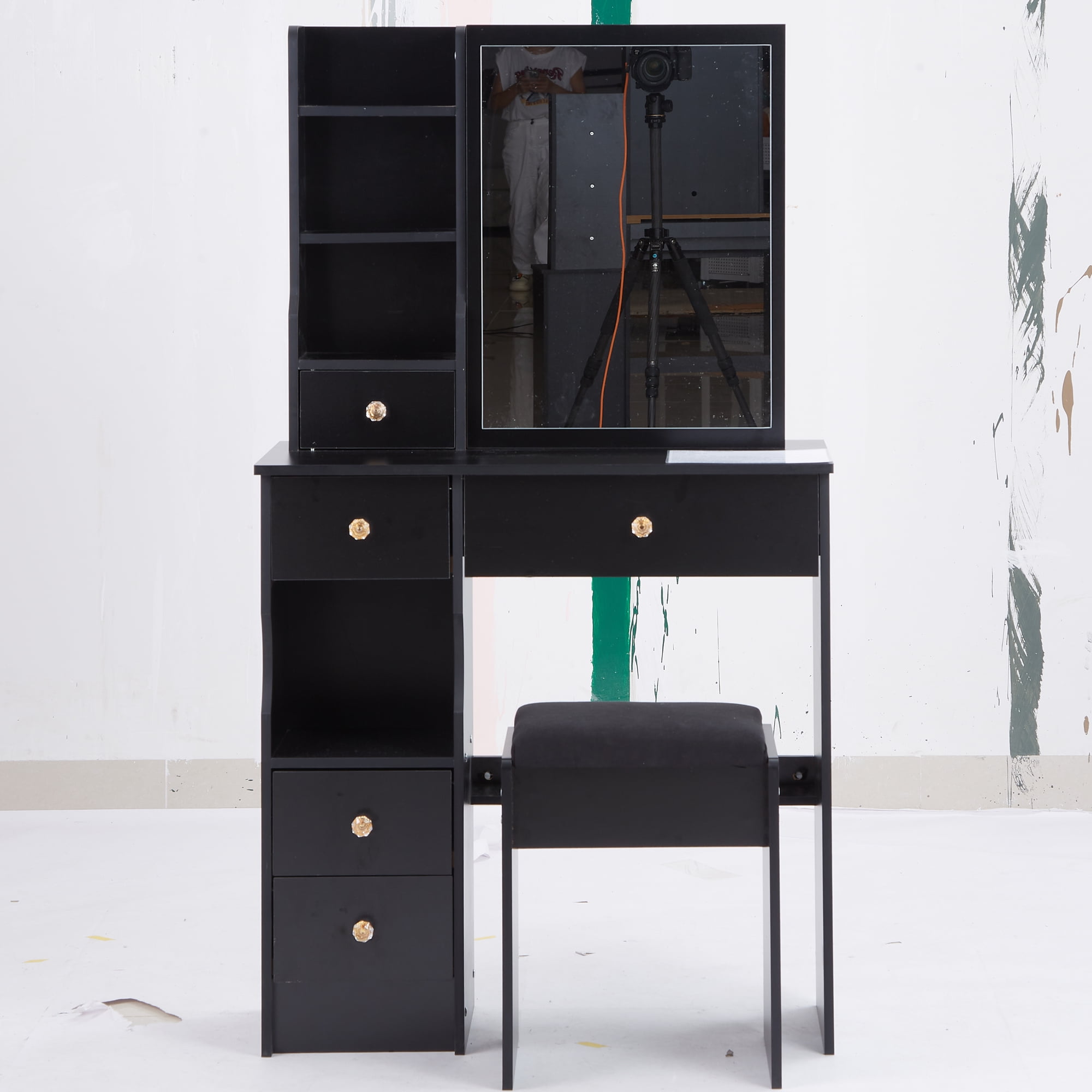 Kadyn Vanity Desk with 5 Drawers, Makeup Vanity Table with Extra Large Right Sliding Mirror, Dressing Table Makeup Desk for Small Space, Black