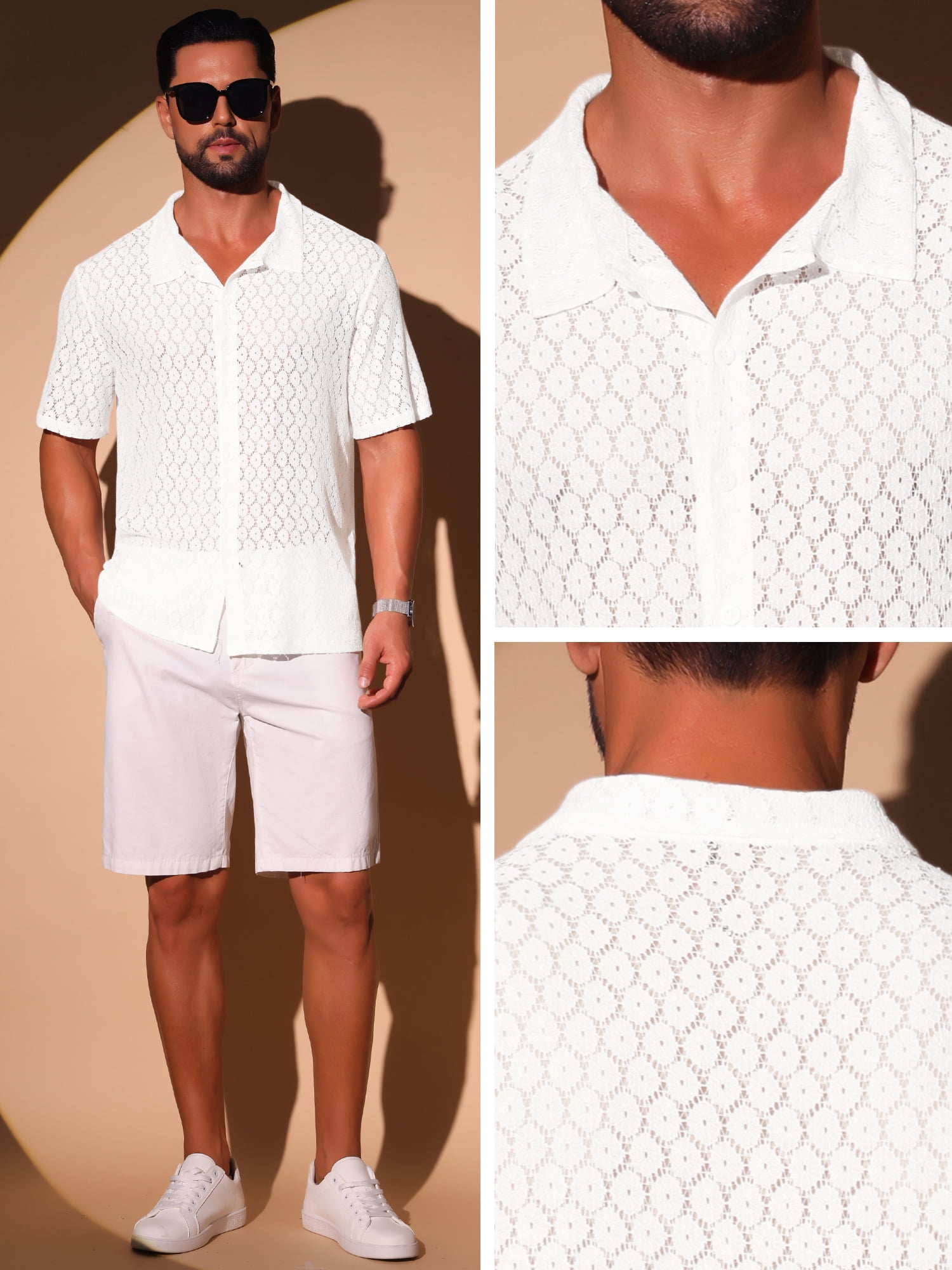 DARING DIVA Men's Sheer Hollow Lace Button Down Disco Party Shirt XL White