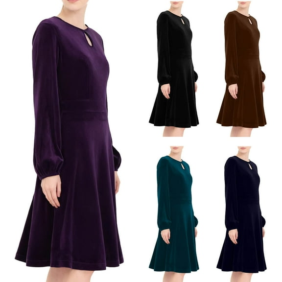 FRSASU Women's Velvet Midi Dress Casual Back Zipper Round Neck Long Sleeve Solid Color Elastic High Waist Flowy Evening Party Dresses Purple
