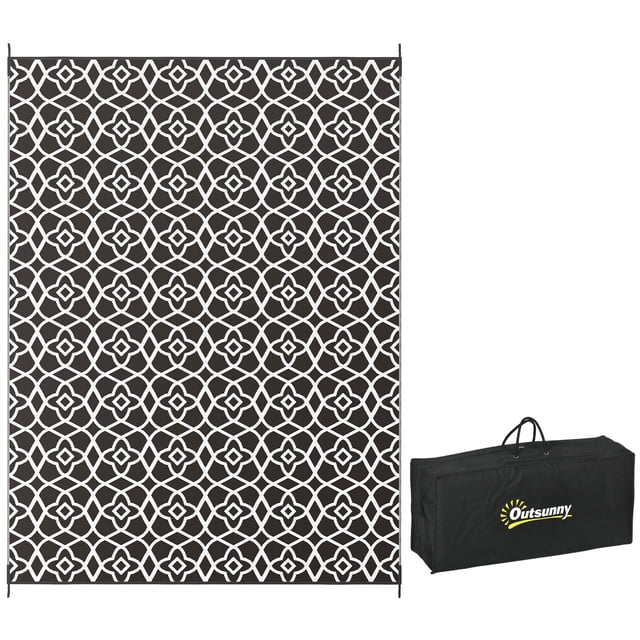 Outsunny Waterproof Outdoor Rug w/ Carry Bag, 9' x 12', Black White Clover