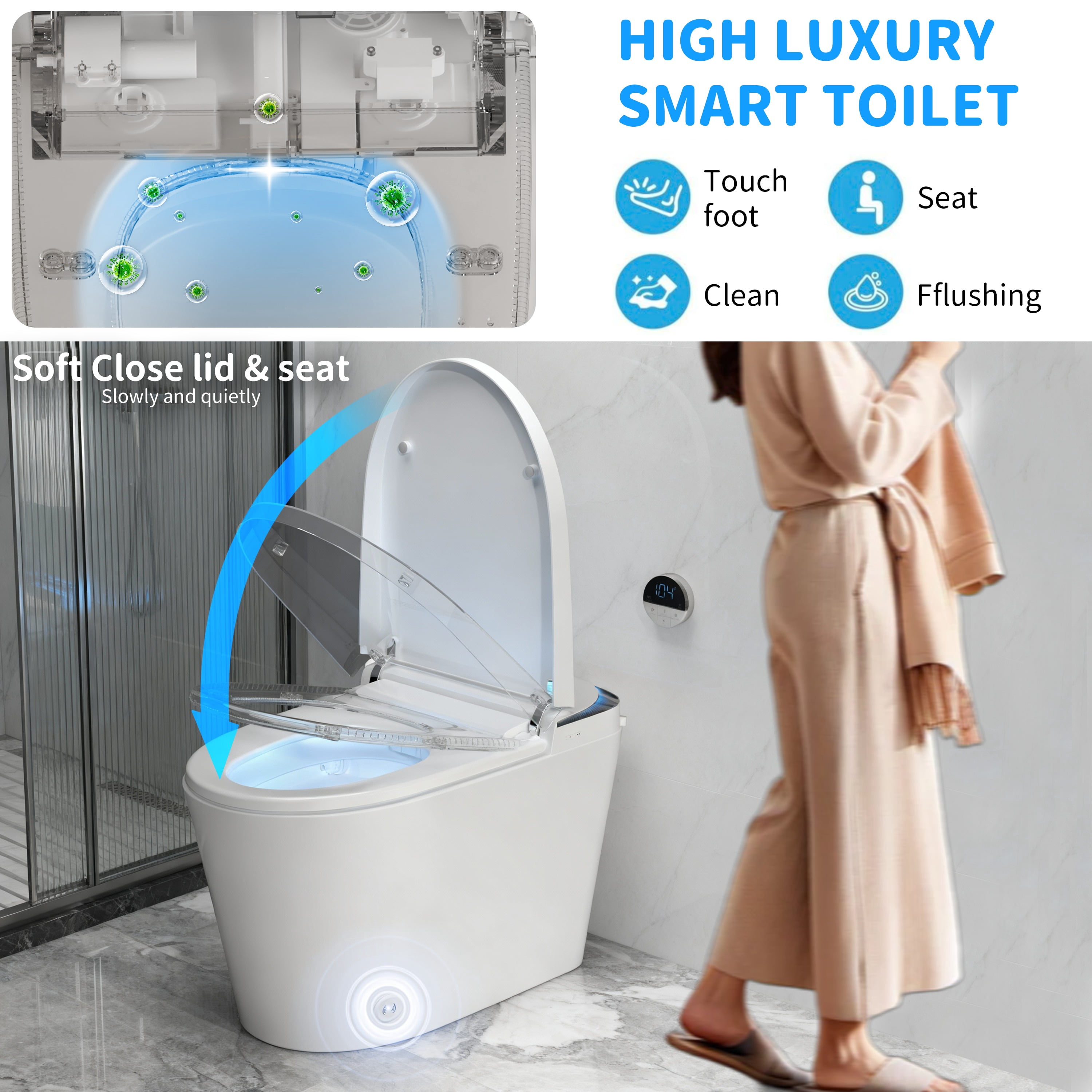 Smart Toilet with Radar Auto Lid, Foot Sensor Control, Heated Seat & Foam Shield - LED Display, Dual Flush & Energy-Saving Mode