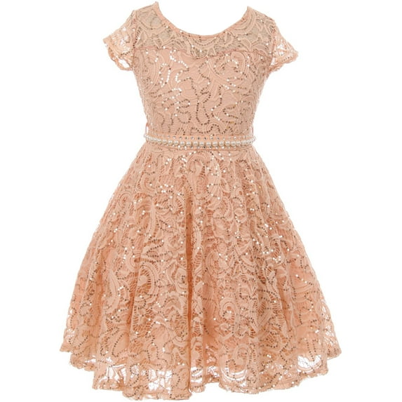 Big Girls' Short Sleeve Lace Glitter Skater Pearl Belt Special Occasion Flower Girl Dress Blush 12 (J21KS02)