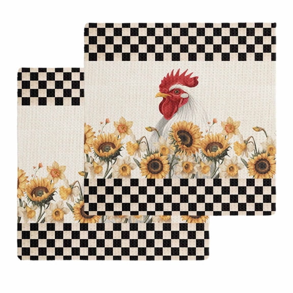 Sunflowers Rooster Kitchen Dish Towels for Drying Dishes Set of 2, Farmhouse Vintage Beige Burlap Plaid Waffle Weave Microfiber Hand Tea Bathroom Towels Quick Dry & Absorbent Towel 12x12