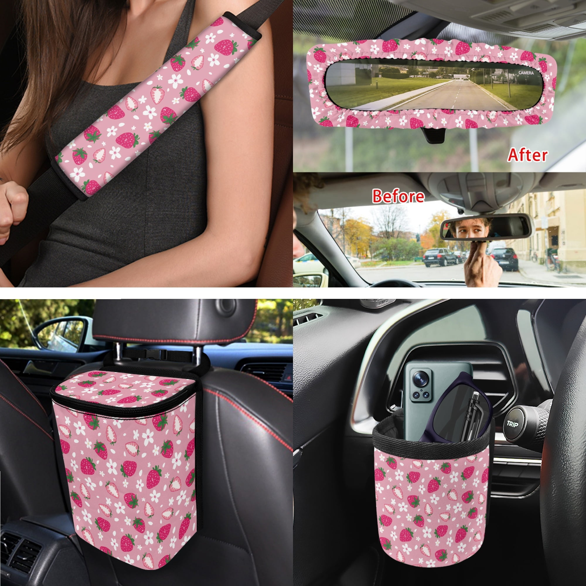 Yuyamidu Pink Strawberry Car Seat Cover Set 15 PCS Flower Steering Wheel Cover Seat Belt Cushion Pad Garbage Bag Air Vent Pocket Rearview Mirror Cover Coasters Keychain for SUV Sedan Van