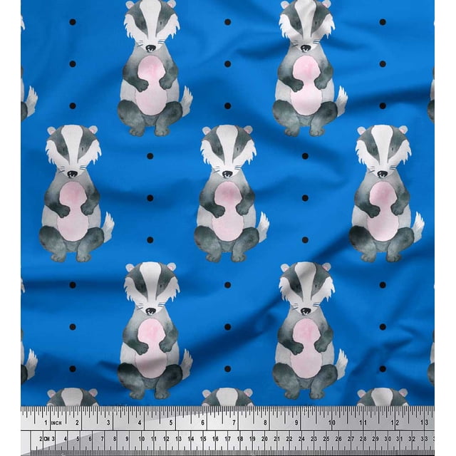 Soimoi Blue polyester Crepe Fabric Dots & Raccoon Animal Print Fabric by Yard 42 Inch Wide