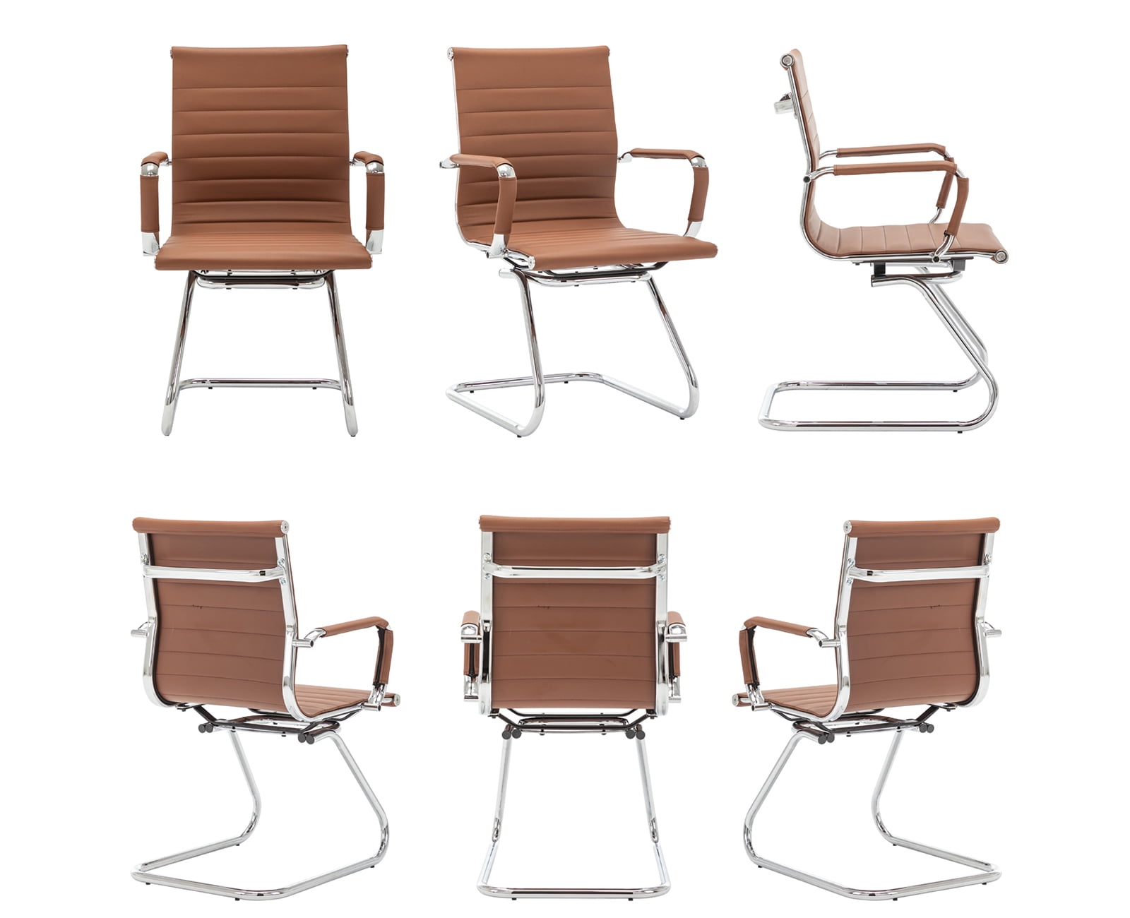 Guyou Modern Mid Back Office Guest Chair Set of 2, Faux Leather Reception Chair Computer Chair with Armrests and Metal Sled Base for Meeting/Waiting/Conference Room, No Wheels, Coffee