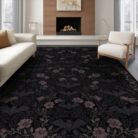 ODIKA 8'x10' Washable Area Rug Non-Shedding, Easy Care, Gothic Romantic Bat Plant Motif Scattered Halloween Flowers Purple for King Size Bedroom Under Bed, Master Suite