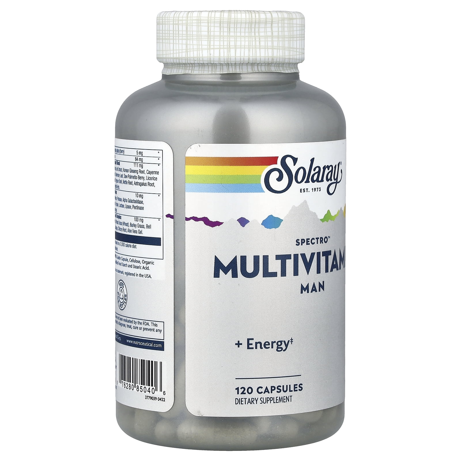 Solaray Spectro Multivitamin for Men, Men's Multivitamin for Energy and Overall Wellness with Saw Palmetto, Pumpkin Seed, Digestive Enzymes, and More, 60-Day Guarantee, 30 Servings, 120 Capsules (Man)