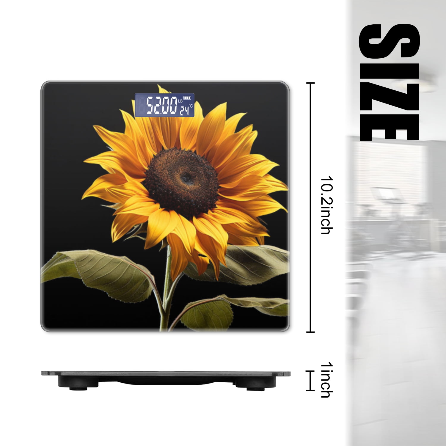 Bathroom Scale, Highly Accurate Digital Body Scale,Precisely Measures Weight up to 400 lbs-Sunflower With Leaves On Black Background