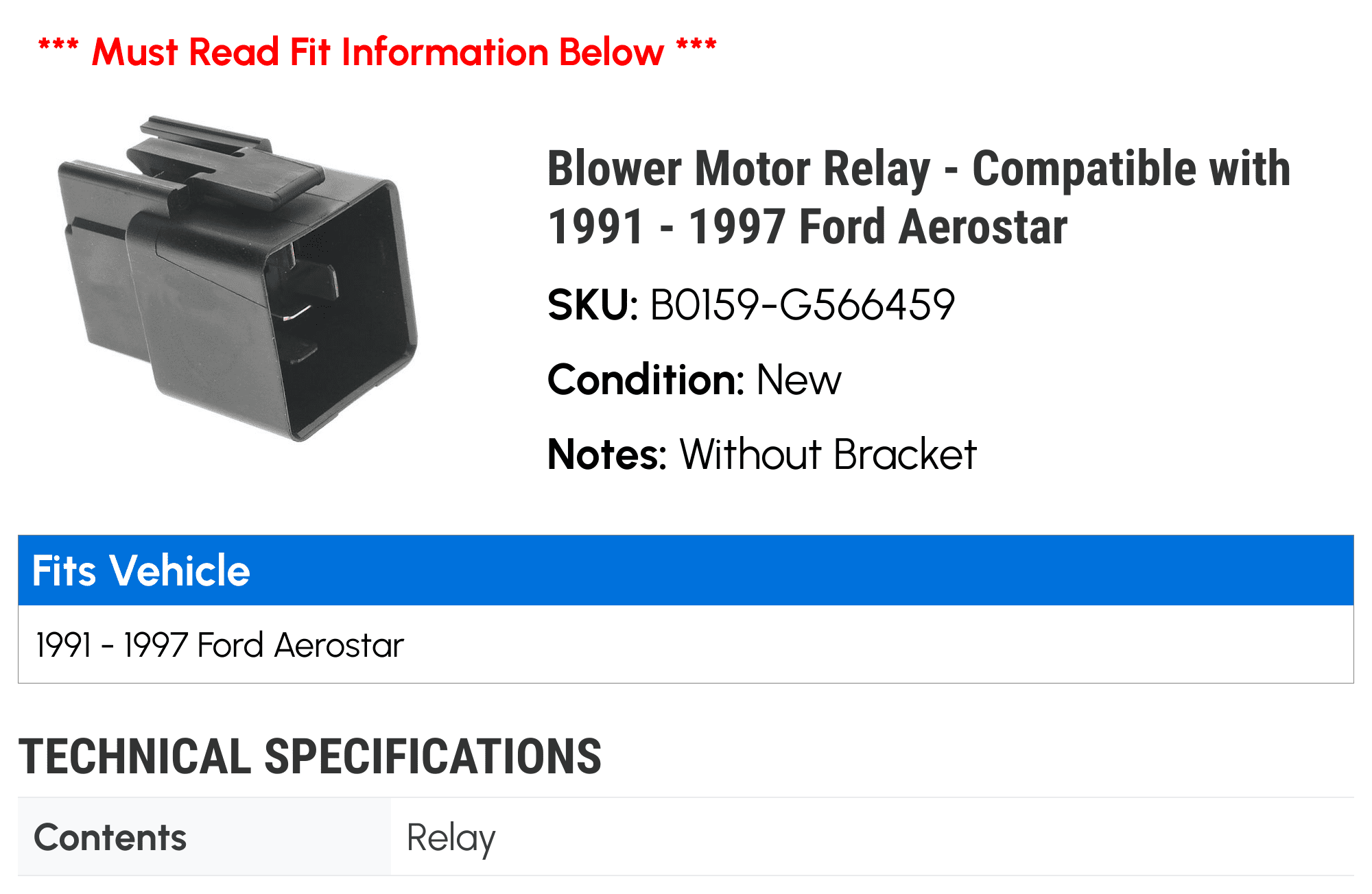 Blower Motor Relay - Compatible with 1991 - 1997 Ford Aerostar 1992 1993 1994 1995 1996