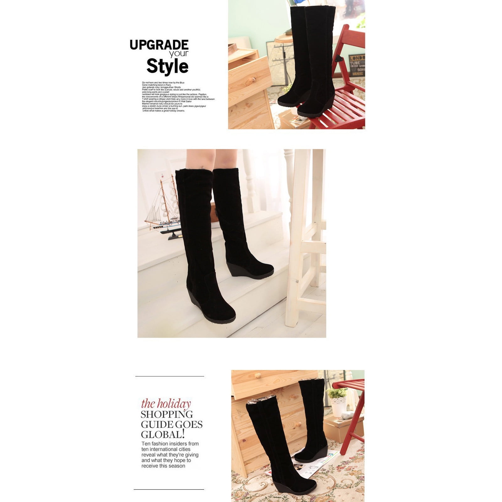 Womens Boots Women Slip-on Thick Wedge Heels High Heels Solid