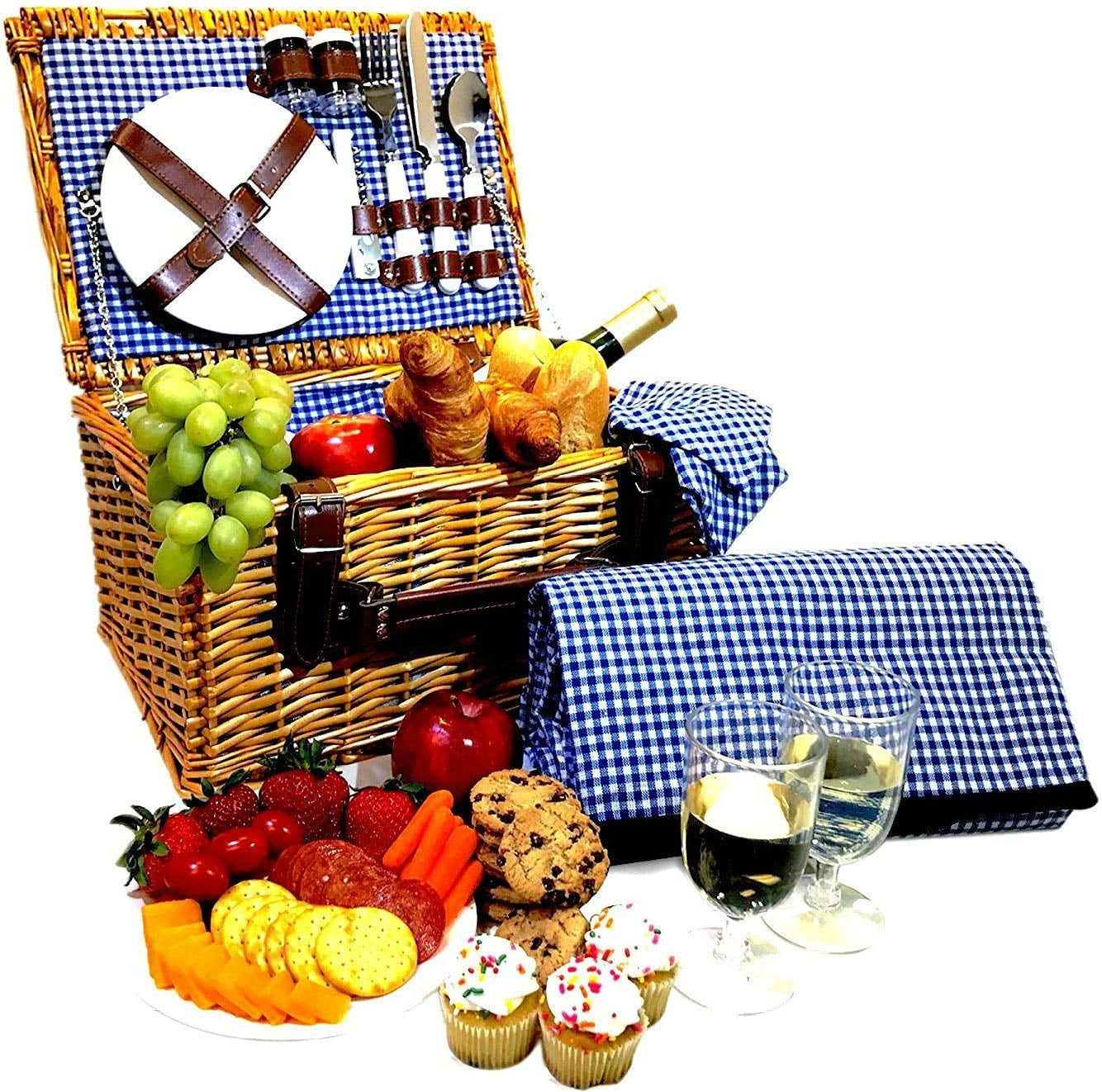 Outdoor Thanks Giving Willow Picnic Service Gift Set for Camping Chiristmas. Birthday Picnic Basket for 2，Picnic Set Hamper with Waterproof Picnic Blanket Valentine Day