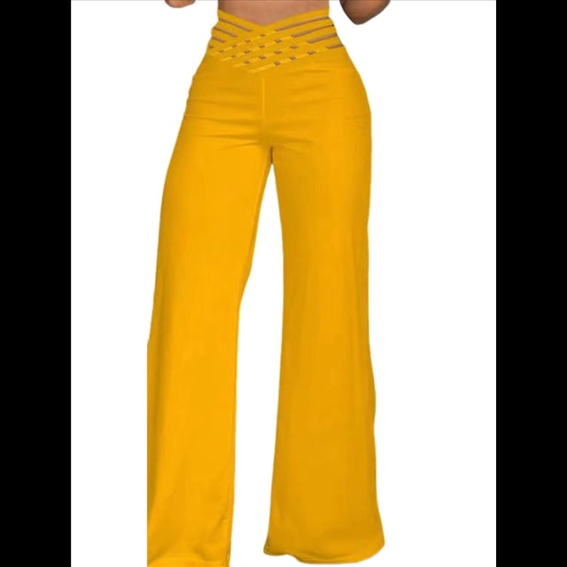 Pantalones Acampanados con Cinturón para Mujer, Estilo Informal, de Cintura Alta y Pierna . Amarillo XXL