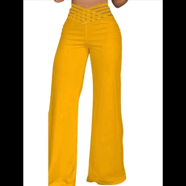Pantalones Acampanados con Cinturón para Mujer, Estilo Informal, de Cintura Alta y Pierna . Amarillo XXXL